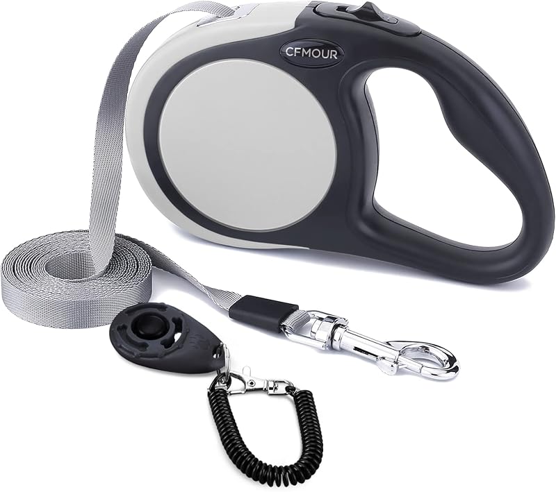CFMOUR Retractable Dog Lead 5m 20kg Grey Heavy-Duty Extendable Nylon Tape Leash
