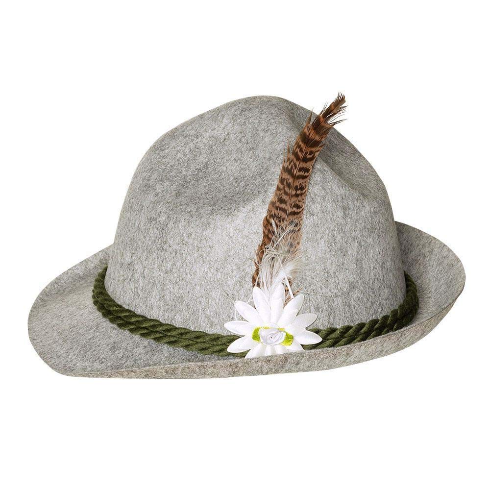 Boland Deluxe Tyrolean Hat - Grey Bavarian Oktoberfest Costume Hat with Feather and Flower Decoration, Perfect for German Themed Parties, Adult Fancy Dress Events, Pubs & Breweries