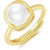 LOOYUUPEE 14k Gold Plated Freshwater Pearl Square Shape Pearl Ring, Handmade Adjustable Open Ring for Comfortable Fit Gift Idea for Women & Teen Girls
