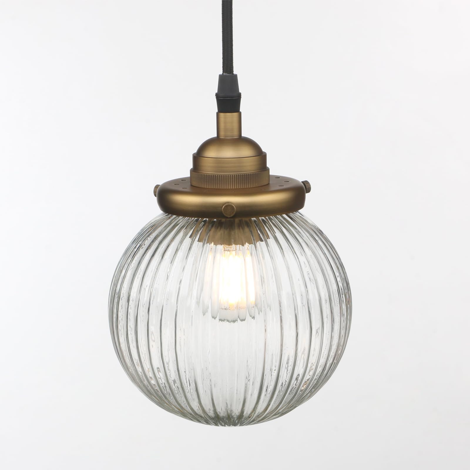 Photo 1 of Yosoan 1-Light Vintage Kitchen Hanging Pendant Light Fixture, Single Hardwired Indoor Vanity Luxury Retro Textured Striped Round Glass Shade Samll Lamp for Dinning Room Living Room Island(Antique)