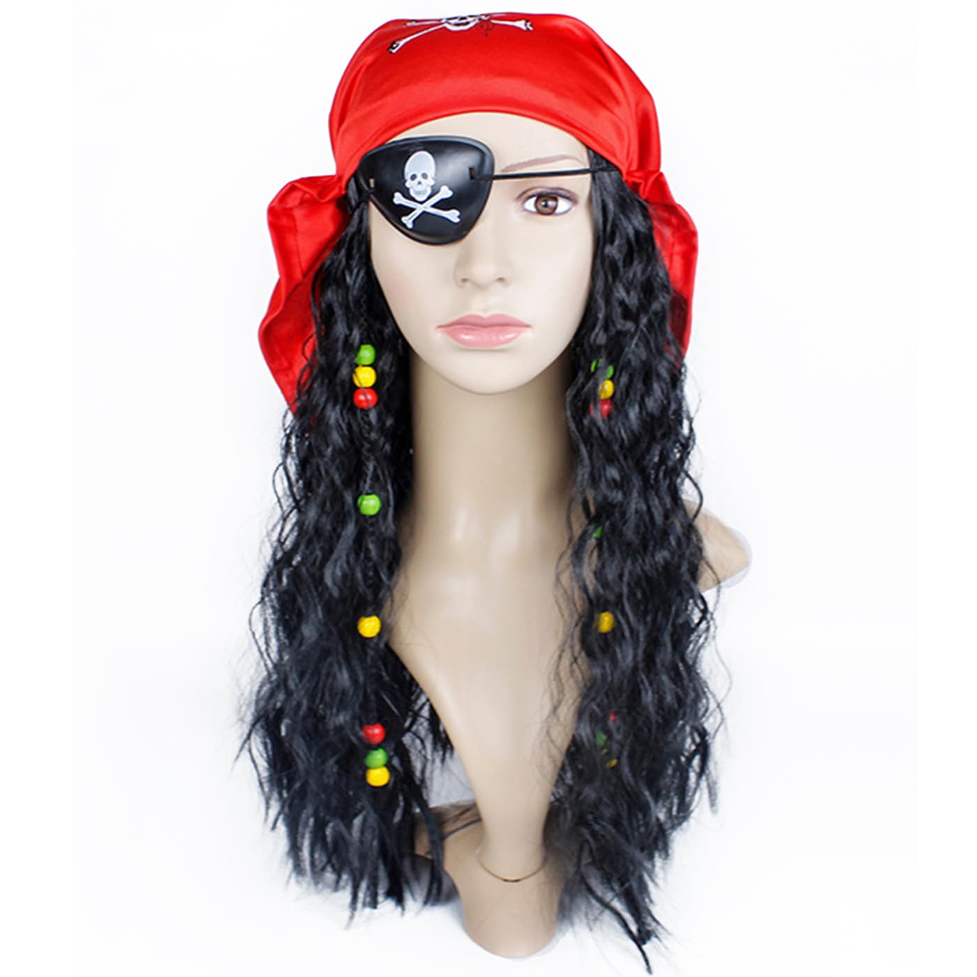 SIQITECHUK Pirate Dreadlock Braids Eye Patch Set - Captain Hat Wig & Caribbean Bandana Hairpiece for Halloween Fancy Dress