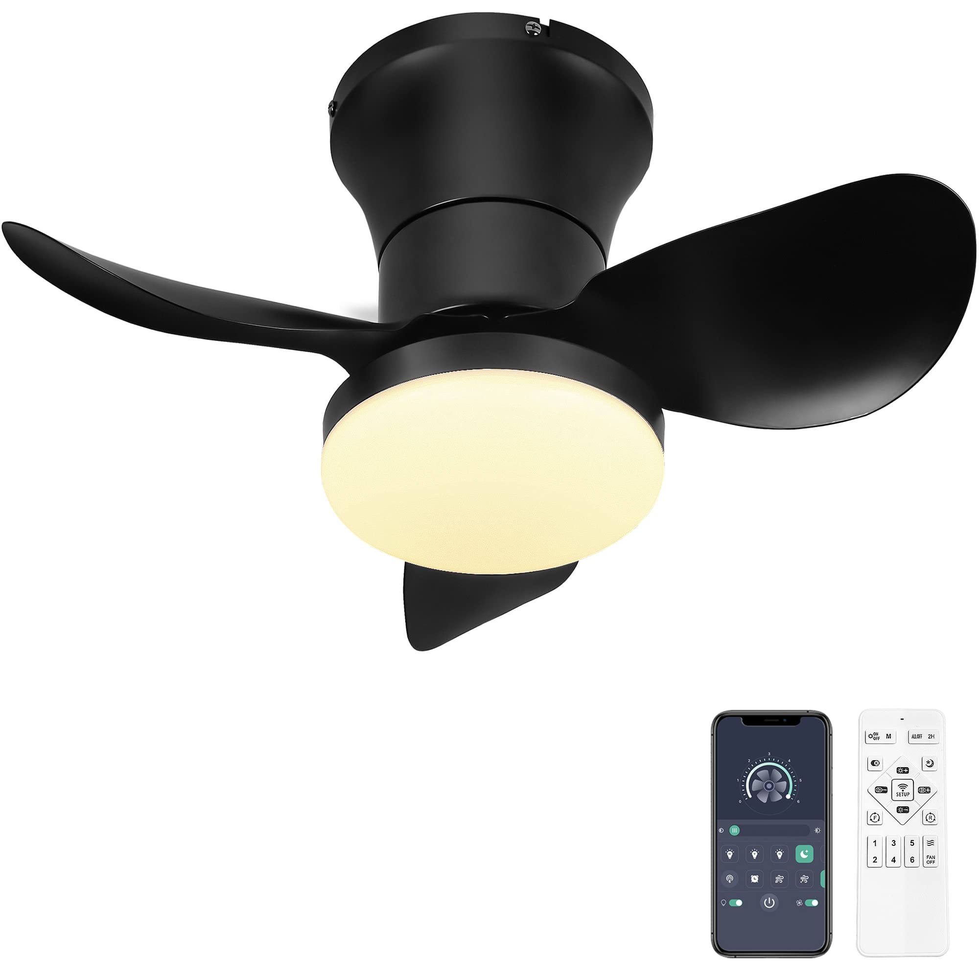 Photo 1 of Ohniyou Ceiling Fan with Lights and Remote - 21'' Small Flush Mount Ceiling Fan APP Control - Dimmable Quiet DC Ceiling Fan Lights for Kitchen Bedroom(Black)