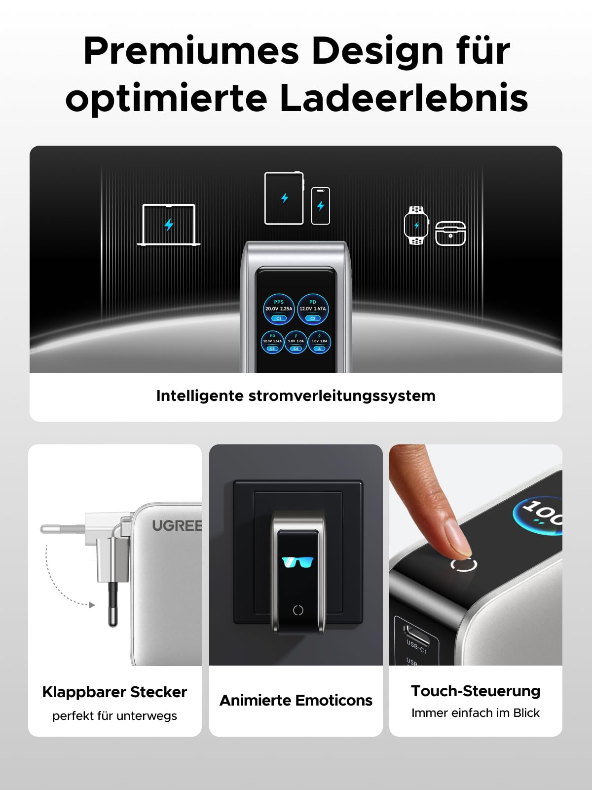 UGREEN Nexode Pro 100W USB C Ladegerät, GaN Netzteil 5-Port mit Smart Display & Touch Control, Laptop Charger PPS Schnellladegerät kompatibel mit MacBook Pro/Air/Neo, iPad, iPhone 17, Galaxy S26, S25 6