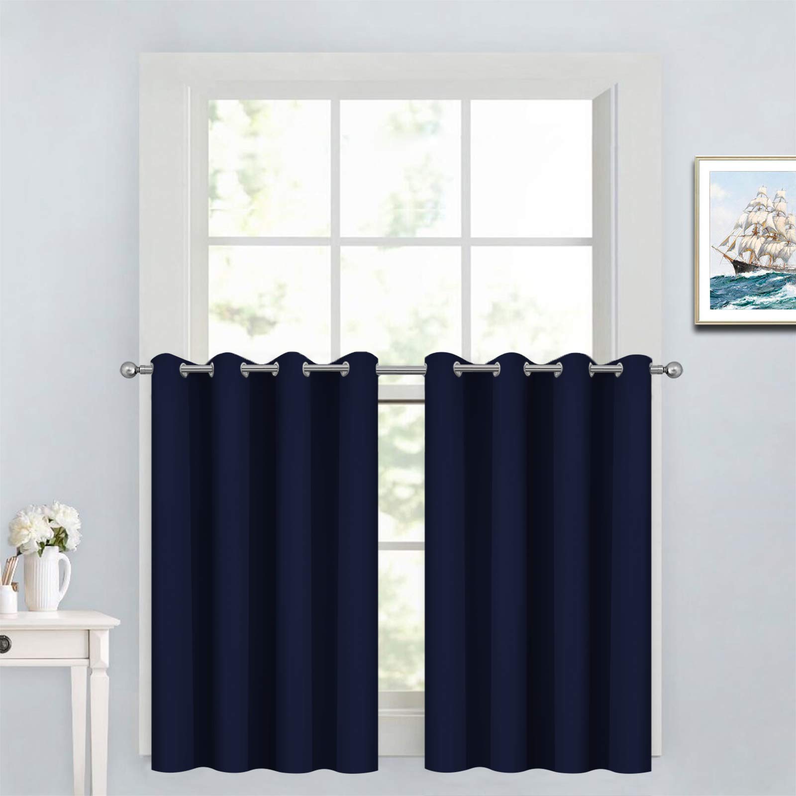 Yakamok 36 Inch Blackout Curtains for Kitchen, Sunlight Block Energy Saving Drapes for Bedroom Bathroom Room Darkening Window Treatment Panels, Navy Blue, 52Wx36L, 2 Panels