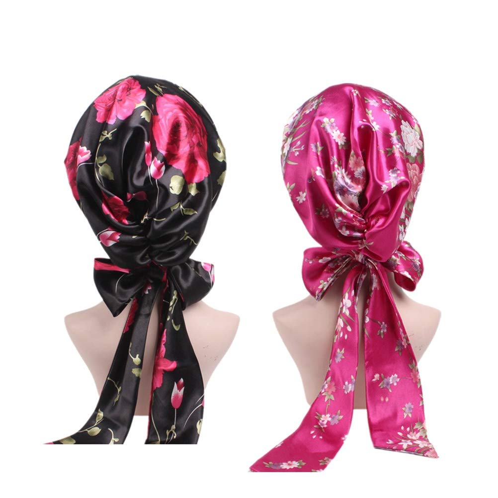 Beaupretty 2pcs Silk Sleeping Cap,Stain Bonnet Head Cover with Ribbon for Women(Rose Red Floral Printing + Black Floral Printing)
