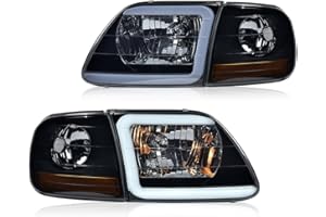 GRAND ORANGE Lightning Style Headlights LED DRL strip Compatible with 1997-2002 Ford Expedition/1997-2004 F150 /1997-1999 F250 Smoke Lens Black Housing Amber Reflector