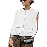 Yimoon Women’s Oversized Zip Up Cargo Vest Casual Ruched Hem Sleeveless Blazer Jackets Vest Top with Pockets