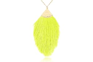 RIAH FASHION Antique Bohemian Silky Thread Fan Tassel Statement Necklace - Vintage Gold Feather Shape Strand Fringe Lightweight Long Chain
