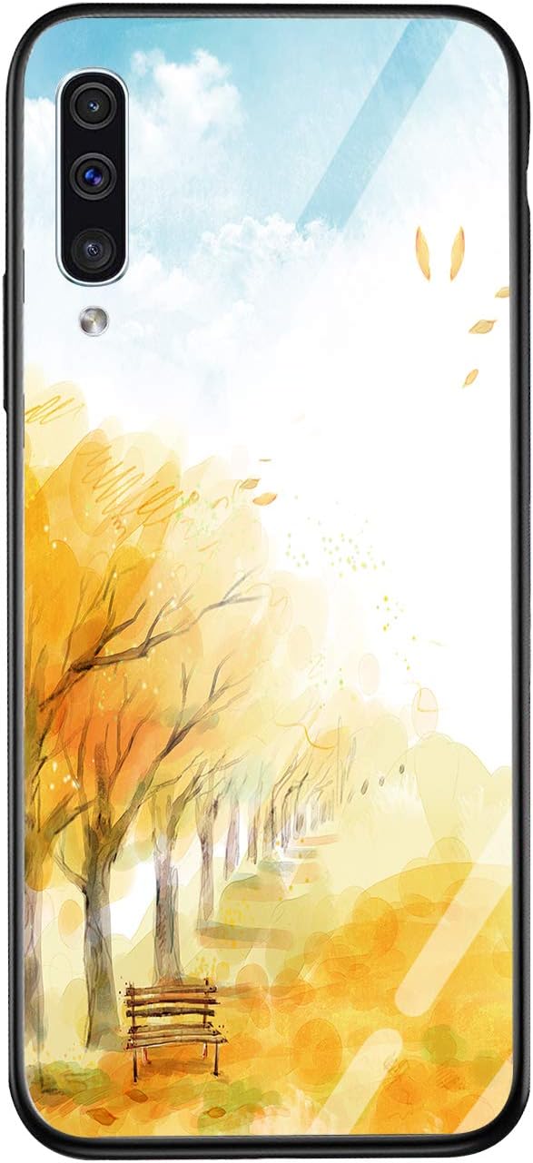 MATOP Compatible with Samsung Galaxy A70 / A70S Case,Slim Thin Marble Autumn Pattern Design Anti-Yellow 9H Tempered Glass Back Cover with Soft TPU Silicone Bumper Shockproof Protective Case -Tree 1