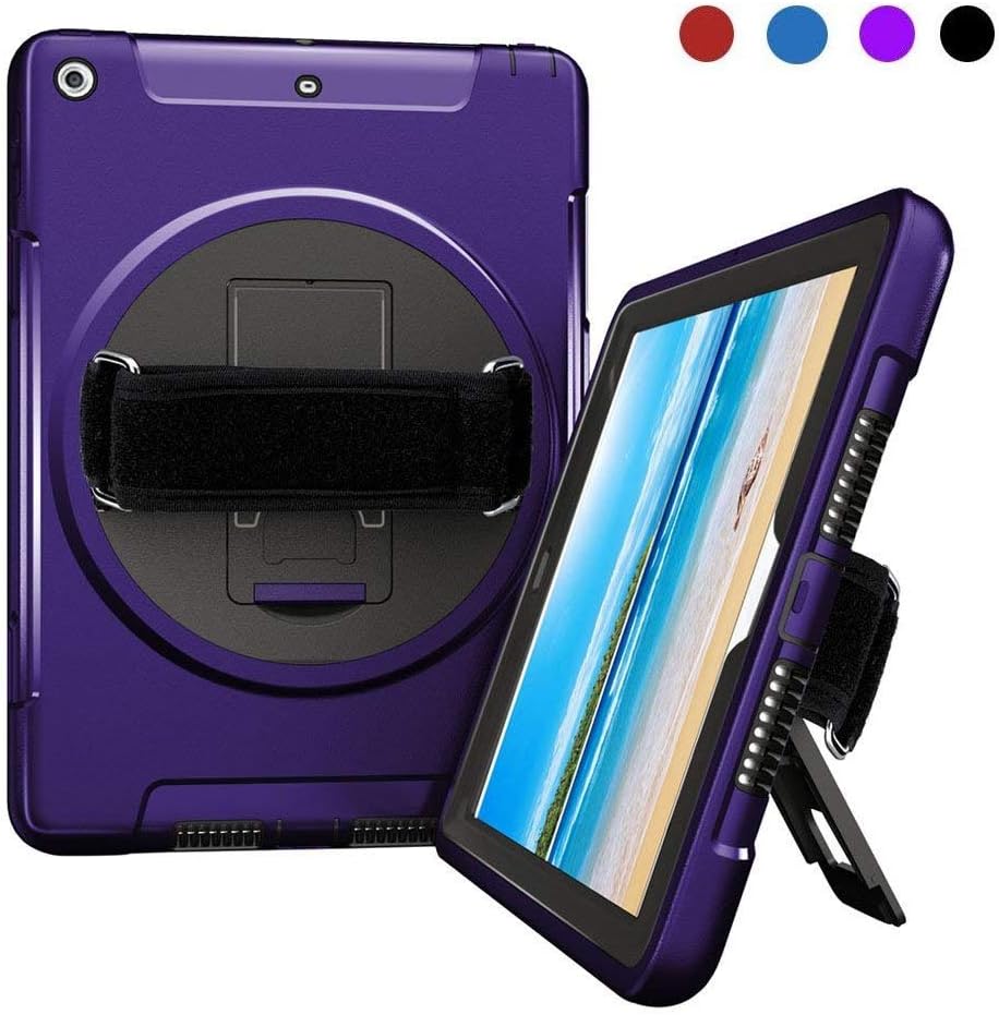 iPad 9.7 2018 2017 Case, Multi Functional Heavy Duty Three Layer Rugged Shockproof Protective Case with 360 Degree Swivel Kickstand/Hand/Shoulder Strap for iPad 5th/6th Generation iPad, Purple