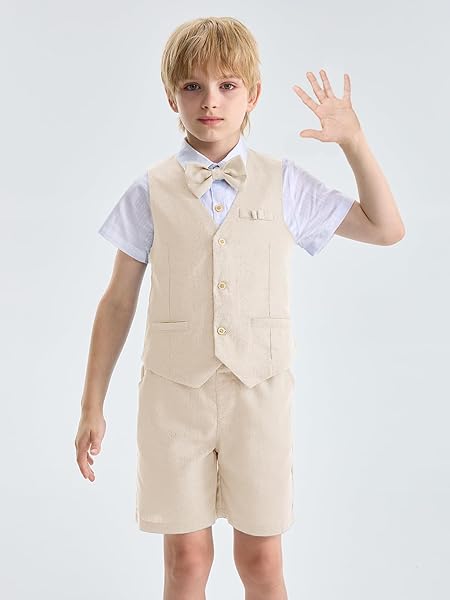 LOLANTA BOYS LINEN SUIT 4 PIECE SUMMER GENTLEMAN OUTFIT KIDS DRESS VEST SHIRT SHORTS SET FOR WEDDING GRADUATION(BEIGE,10-11)