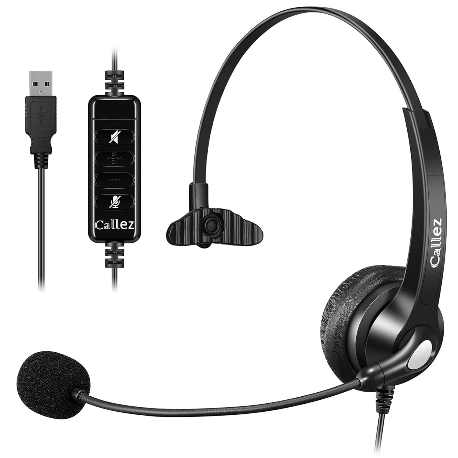 Callez USB Headset with Microphone Noise Cancelling & Audio Controls, Wideband PC Headphone for Business UC Skype Lync Softphone Call Center Office Computer, Clearer Voice, Super Light, Ultra Comfort