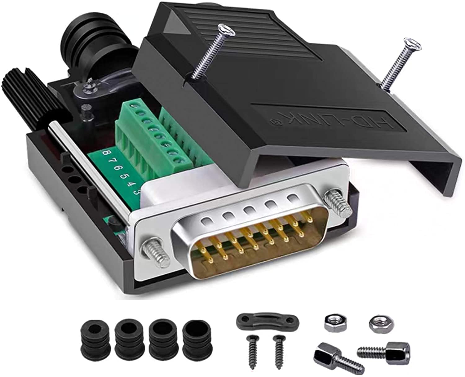 PENGLIN DB15 Solderless Connector Male RS232 D-SUB Serial Adapters, 16mm thinner 15 Pins Solderfree Breakout Board Connector with Case Accessories — image 1