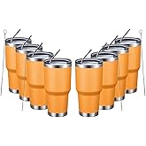 MEWAY 30oz Insulated Tumbler With Lids and Straws,Stainless Steel Double Vacuum Coffee Tumbler Cup, Brush, Durable Powder Coated Coffee Cup for Cold & Hot Drinks, Office, Travel(Orange,8 PACK)