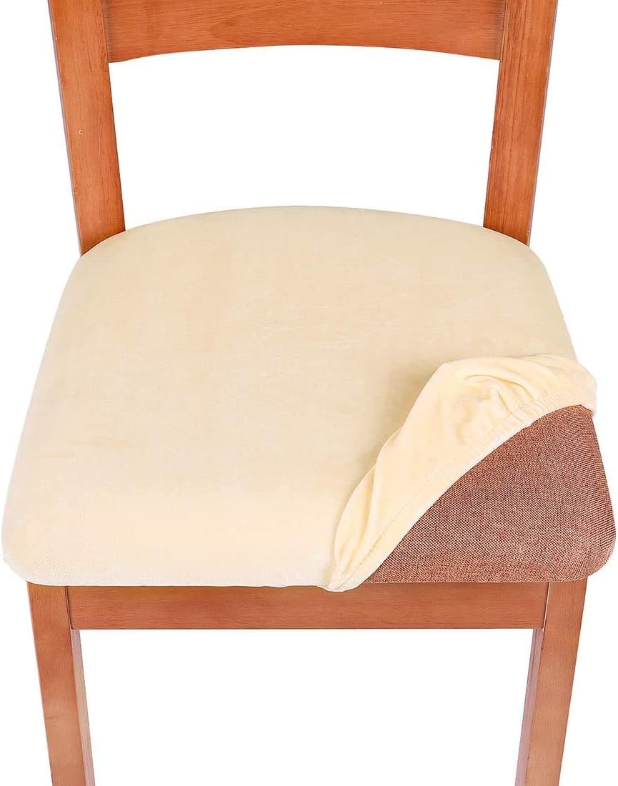 smiry Stretch Chair Seat Covers for Dining Room Velvet Dining Chair Seat Protectors Chair Slipcovers, Set of 6, Cream - Image 4