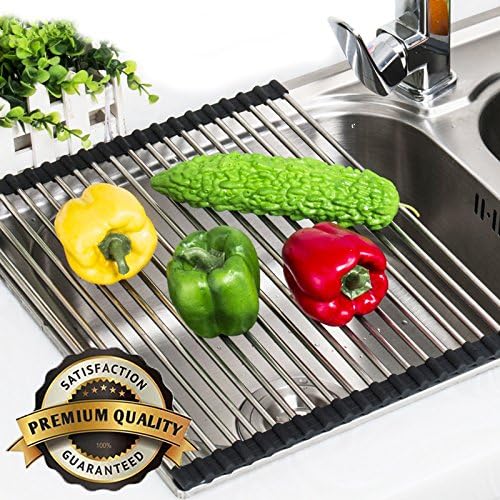 Roll-Up Dish Drying Rack Mats Stainless Steel Drain Board Foldable Easy to Storage(Black)