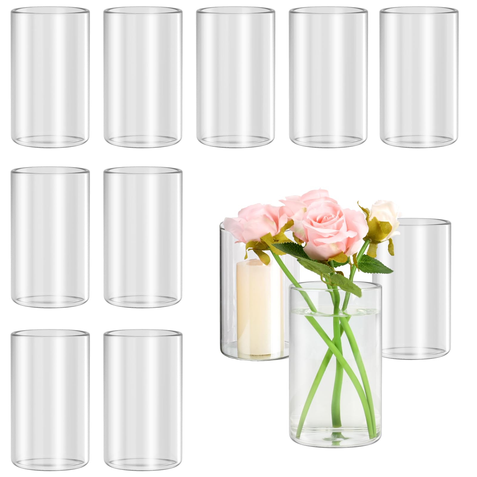 Photo 1 of 12pcs Glass Cylinder Vases for Centerpieces, Floating Glass Candle Holder for Dinner Table 6 Inch Tall Clear Flower Vases for Wedding Decoration, Birthday Party, Home, Holiday
