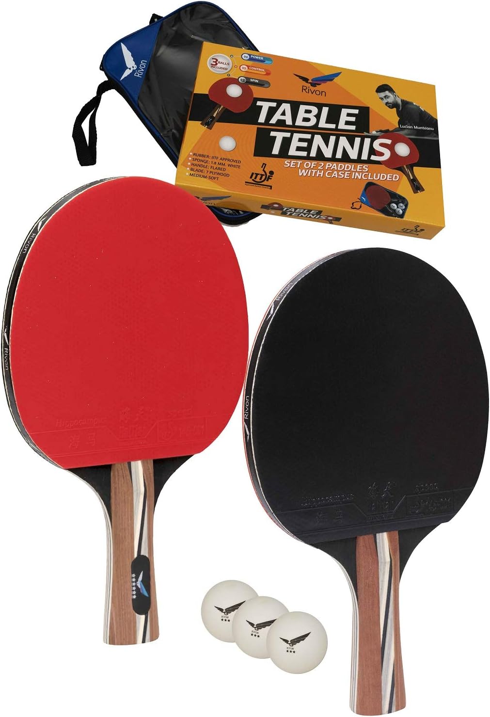 Rivon Table Tennis Paddle - Ping Pong Racket Set - 2 Paddles with 3 Balls and Travel Case - ITTF Approved or Semi-pro Rubber - Endorsed by Celebrity Player