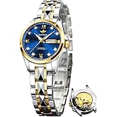 OLEVS Automatic Womens Watch Blue Two Tone Date Watches Mechanical Calendar Watches Diamond Fashion Waterproof Female Wrist Watch