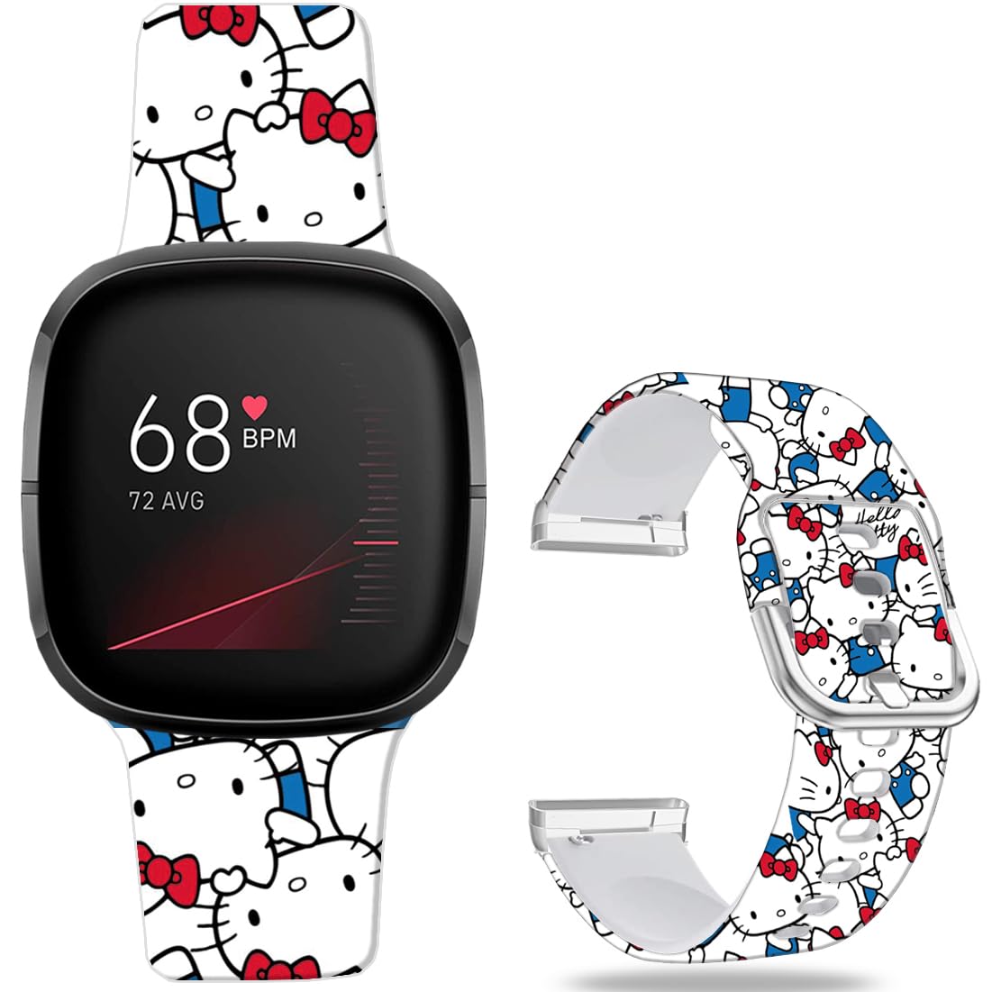 Leotop Hello Kitty Sweet Blue Bands Compatible with Fitbit Sense/Sense 2/Versa 3/Versa 4 Band Fancy Soft Sport Silicone Cartoon Holiday Strap Men Women.