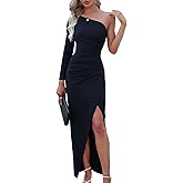 Sarin Mathews Womens One Shoulder Long Sleeve Cocktail Dresses Sexy Bodycon Ruched Wrap Split Party Formal Long Dress