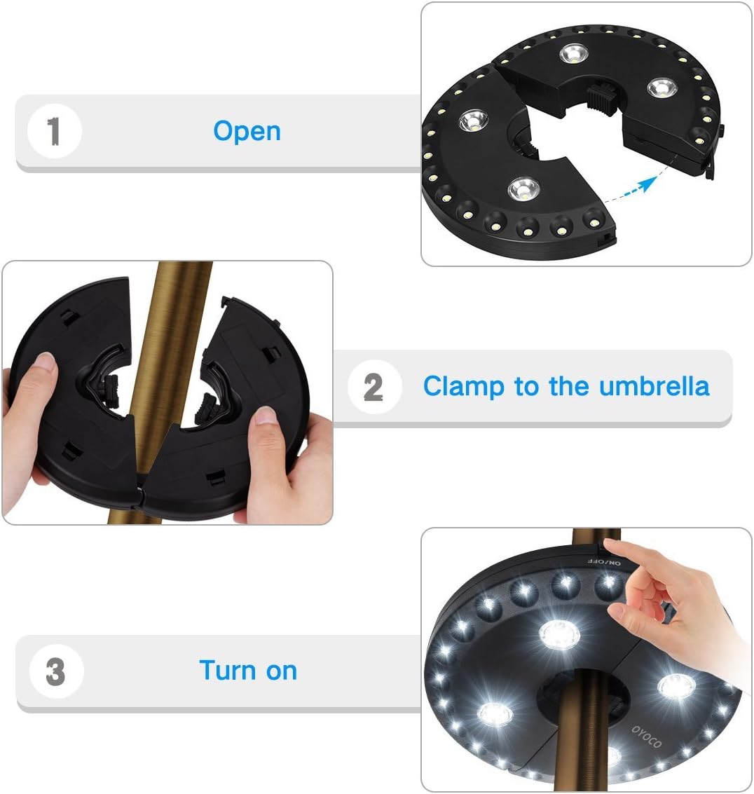 OYOCO Patio Umbrella Light 3 Brightness Modes Cordless 28 LED Lights at 200 lumens-4 x AA Battery Operated, Umbrella Pole Light for Patio Umbrellas, Camping Tents or Indoor Use (Black) - - 