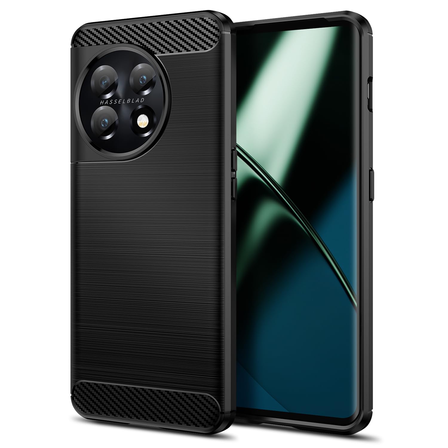 Qiinogow Case Compatible with OnePlus 11 5G, Slim Fit Phone Cover with Shock-Absorption, Carbon Fiber TPU Rubber Protective Case, Black โ image 1