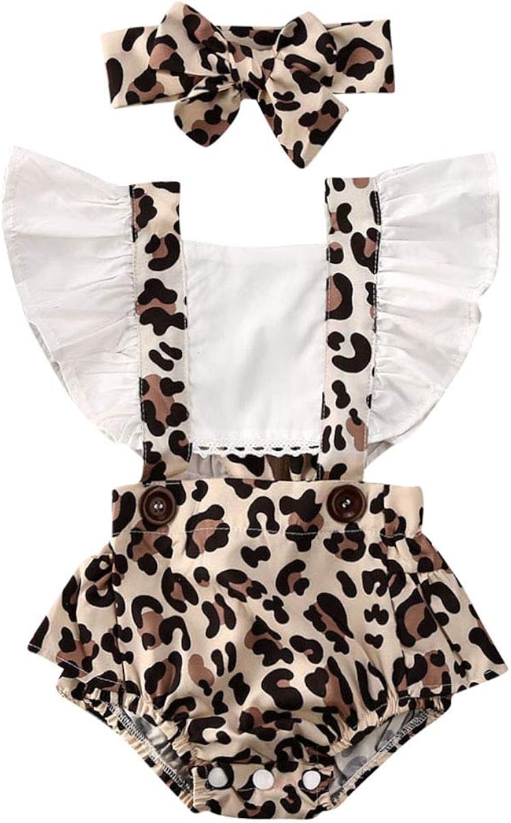 2Pcs Newborn Baby Girl Leopard Ruffles Sleeve Bodysuits Jumpsuit Headband Clothes Romper Set