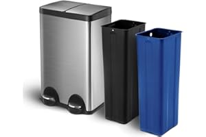 Home Zone Living 16 Gallon Kitchen Trash Can with Dual Compartments for Trash and Recycling, Soft Close Lids, Step Pedals, and Removable Liners, Stainless Steel, Silver