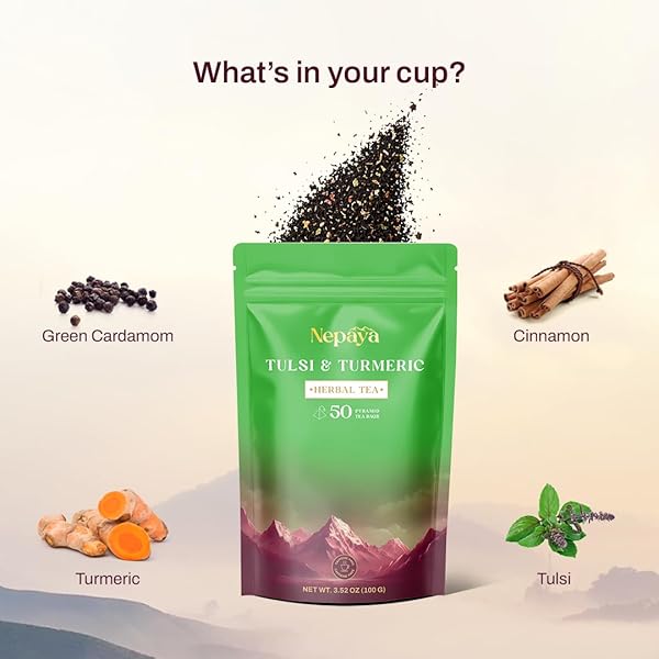 NEPAYA HERBAL TEA BAGS, 50 BIODEGRADABLE PYRAMID TEABAGS, CAFFEINE-FREE TULSI & TURMERIC HERBAL TEA WITH CINNAMON & BLACK PEPPER FLAVORS, FLORAL RELAXATION BLEND, PREMIUM HERBAL TEA BAGS, HOT OR ICED