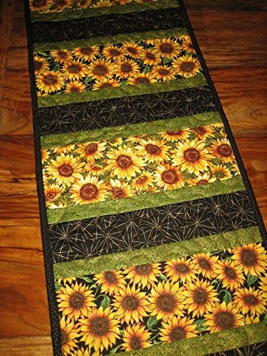 Quilted Table Runner, Sunflower Black Gold Yellow, 13.5x48" Reversible
