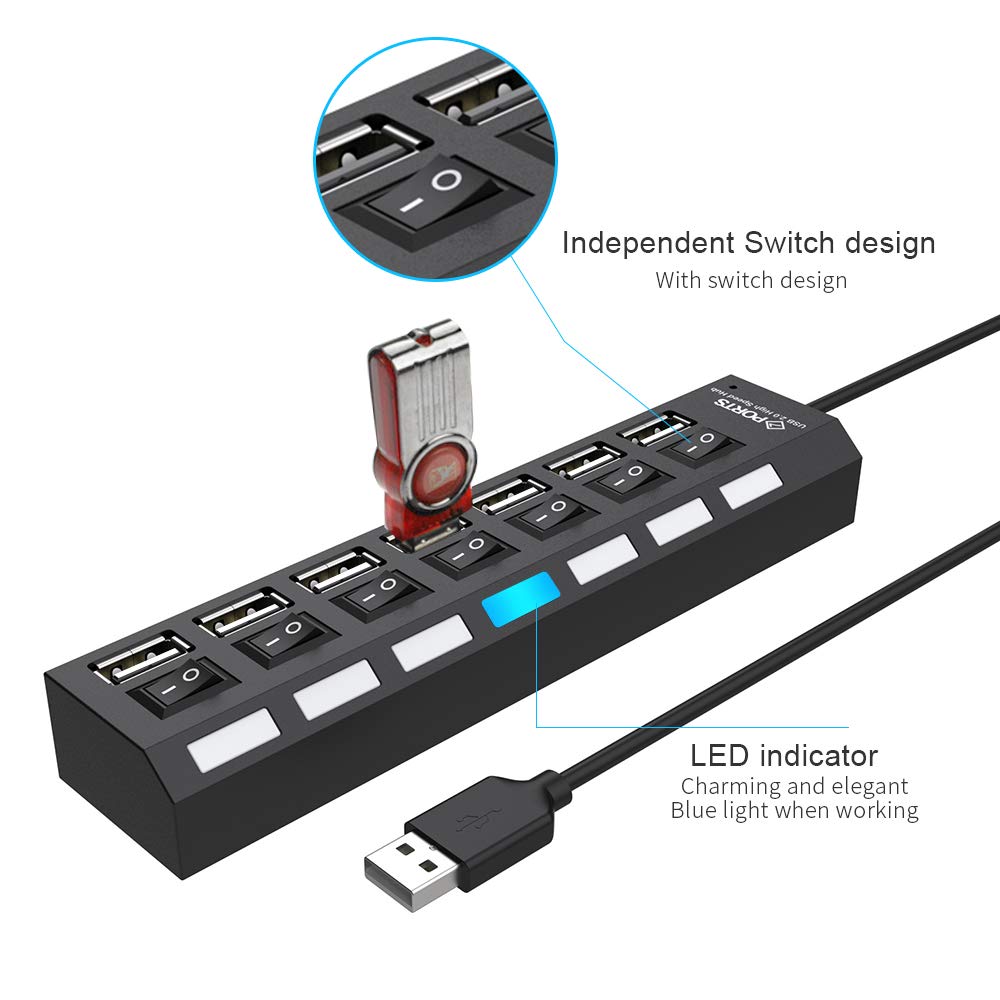 7-in-1 Powered USB Hub Splitter USB 2.0 Hub Data Transfer with Individual Switches Indicator Lights for Laptop, PC, Computer, Mobile HDD, Flash Drive and More