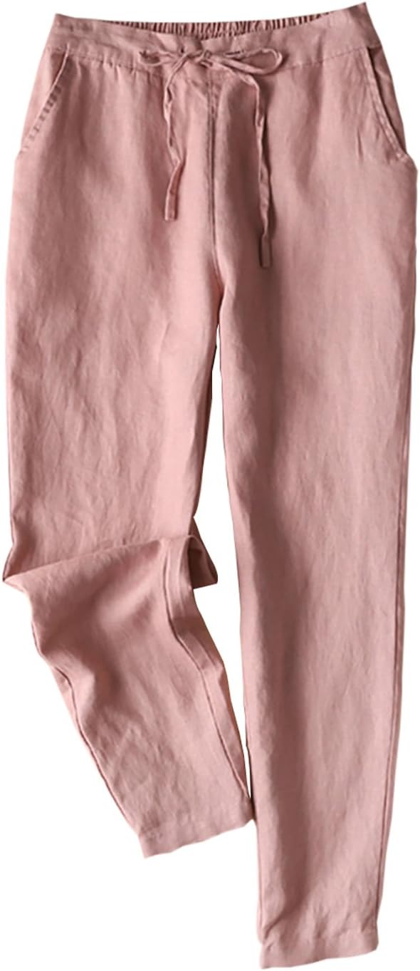 Women's Casual Elastic Waist Drawstring Tapered Linen Pants Trousers