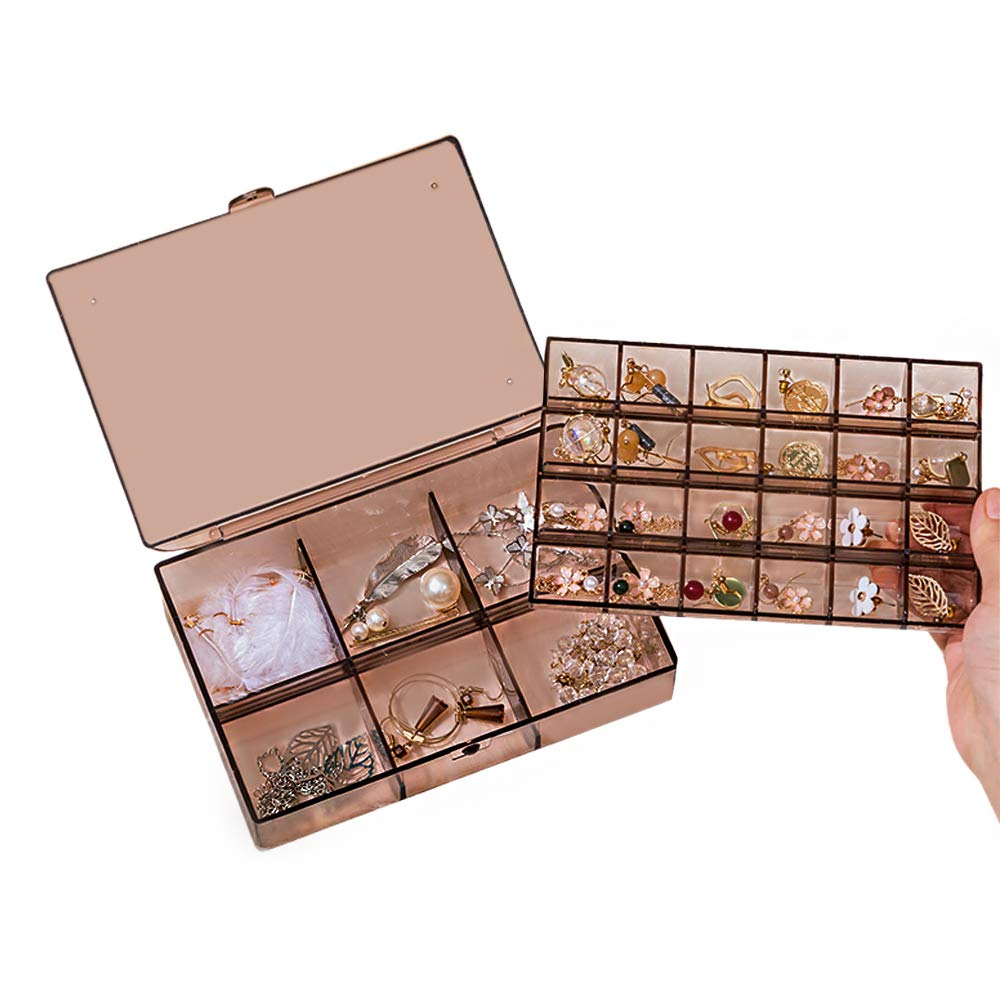 MOLEDA Jewellery Organiser Box for Girls & Women, Jewelry Display Storage Box Stackable Clear, Small Travel Dustproof Jewellery Holder Case with Lid for Necklace Earring Stud Ring Bracelet (Brown)