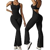Vertvie Sleeveless Flare Jumpsuits for Women Sexy Backless Bodycon V Back Scrunch Butt Yoga Rompers Seamless Workout Bodysuit