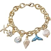 Bohemian Starfish Shell Pearl Conch Charm Bracelet for Women Gold Chunky Cuban Link Chain Boho Mermaid Rhinestone Seashell Pendant Anklet Bracelets Summer Hawaiian Ocean Beach Holiday Trendy Jewelry