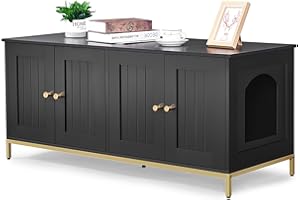 Homhedy Cat Litter Box Enclosure for 2 Cats, Cat Washroom Furniture with Double Room, Pet House with Metal Frame, 47.2”L x 17.7”W x 21.7”H, Black and Gold