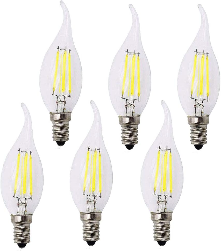 BANGSHUO Pack 6 E14 Vintage Candelabra LED Bulb 4W C35 400 Lumens Cool White 6000K Chandelier Light Bulbs C35 Filament LED Candle Bulb Flame Tip No Dimmable