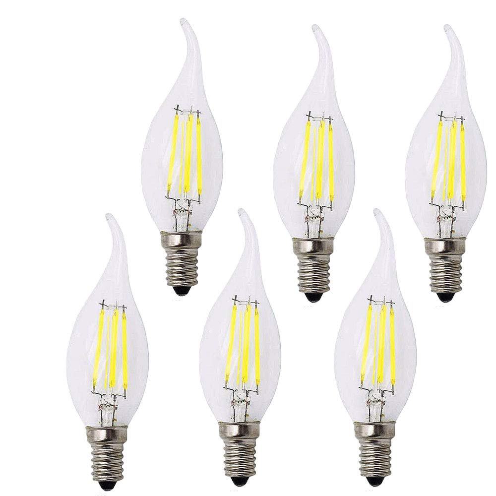 BANGSHUO Pack 6 E14 Vintage Candelabra LED Bulb 4W C35 400 Lumens Cool White 6000K Chandelier Light Bulbs C35 Filament LED Candle Bulb Flame Tip No Dimmable