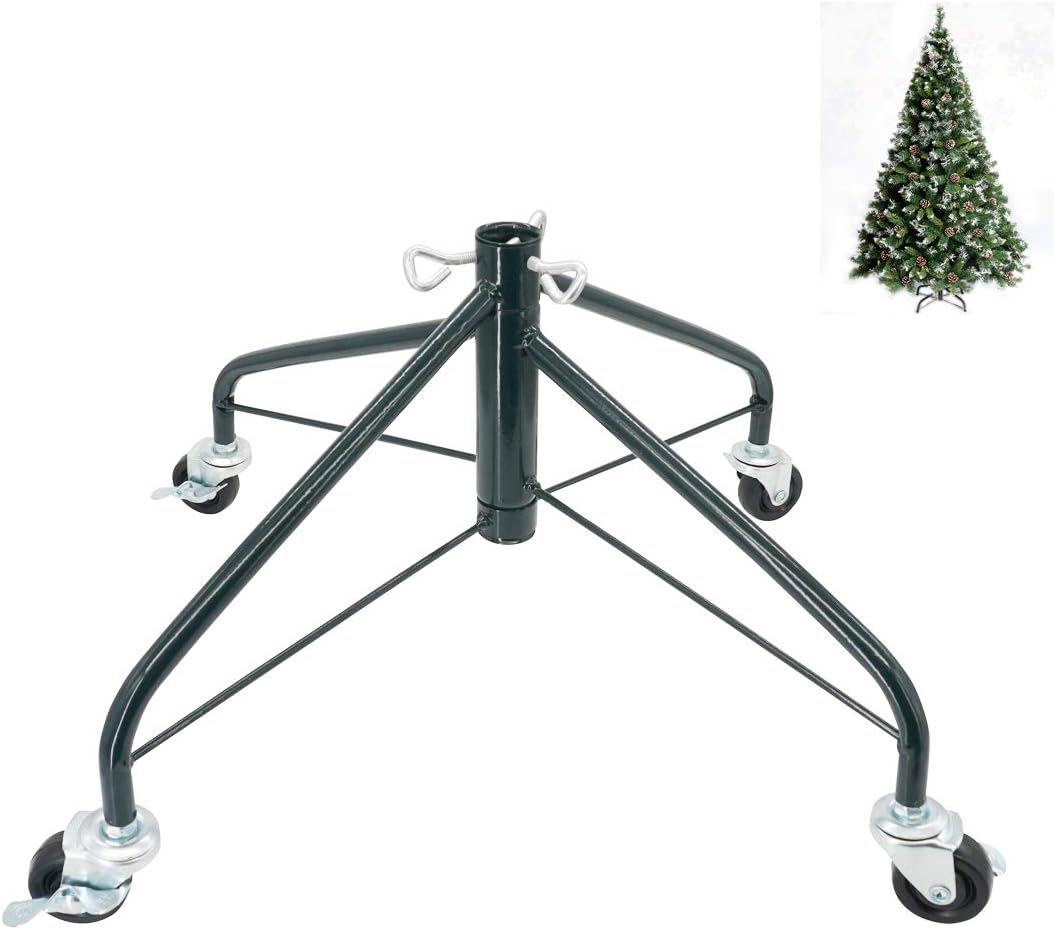 Tree Stands - ELFJOY Christmas Tree Stand with Swivel Caster Wheels for 3-7ft. Artificial Tree Base 17inch, Christmas Tree Iron Stand, 7/8inch Inner Diameter, Movable Tree Base, Green Tree Stand (Green)