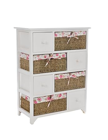 White Wooden Chest Of 4 Drawer And 4 Wicker Lined Basket Storage