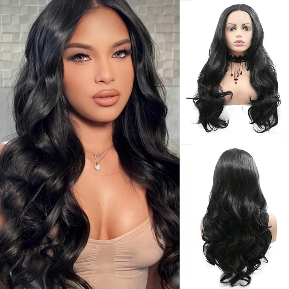 AFBeauty Women's Black Front Lace Wavy Wig synthetic fiber 24 Inches natural appearance Long Wave Wavy Halloween Party Wigs suitable for black women