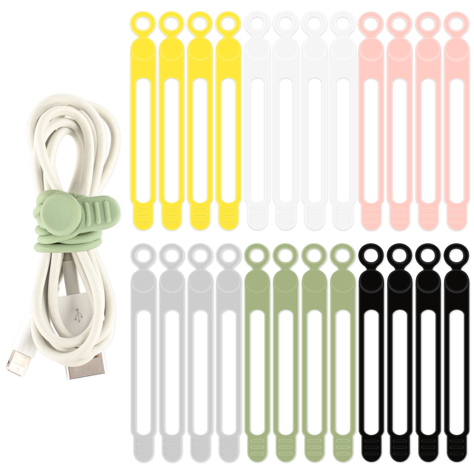 TamBee Cable Ties Reusable Silicone Cable Straps 24pcs Black Cable Wire Ties Cable Cord Organizers for Earphone Phone Charger Audio Cable Computer (Black White Pink Green Yellow Grey)