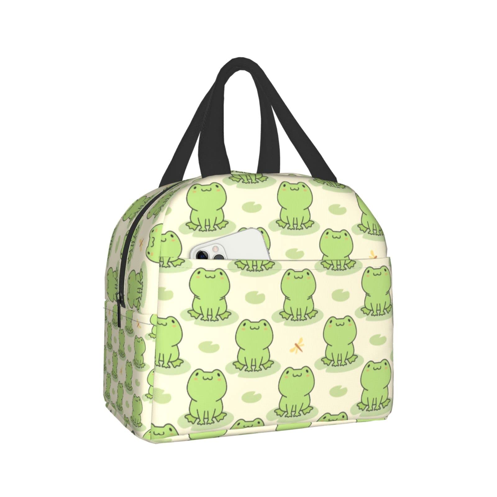 Pubnico Cute Frog And Dragonfly Lunch Box, Bento Box Insulated Lunch Bag With Front Pocket For Office, Picnic, Hiking, Beach
