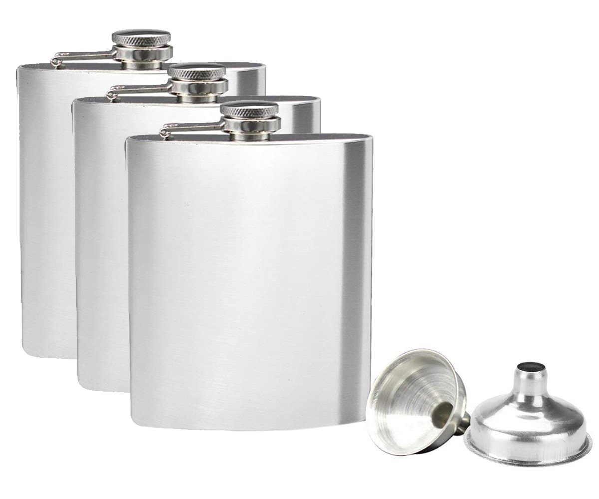 Tebery 3 x Edelstahl Flachmann und Trichter Set, 8 oz. 227ml, Silber