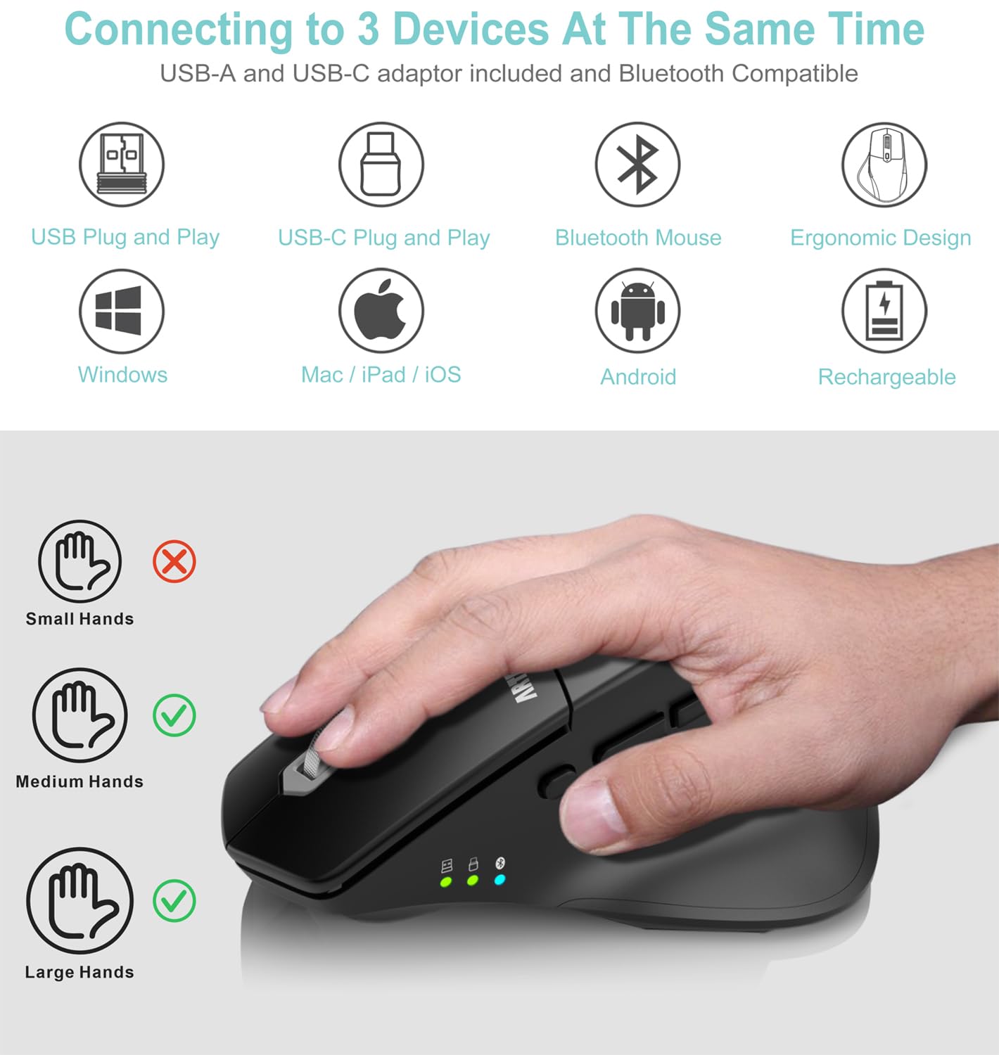 Arteck Multi-Device Wireless Bluetooth Mouse with Nano USB-A, USB-C Receiver Ergonomic Right Hand Silent Clicking Rechargeable Mouse for Computer Desktop PC Laptop Mac iPad and Windows 11/10 iPad OS