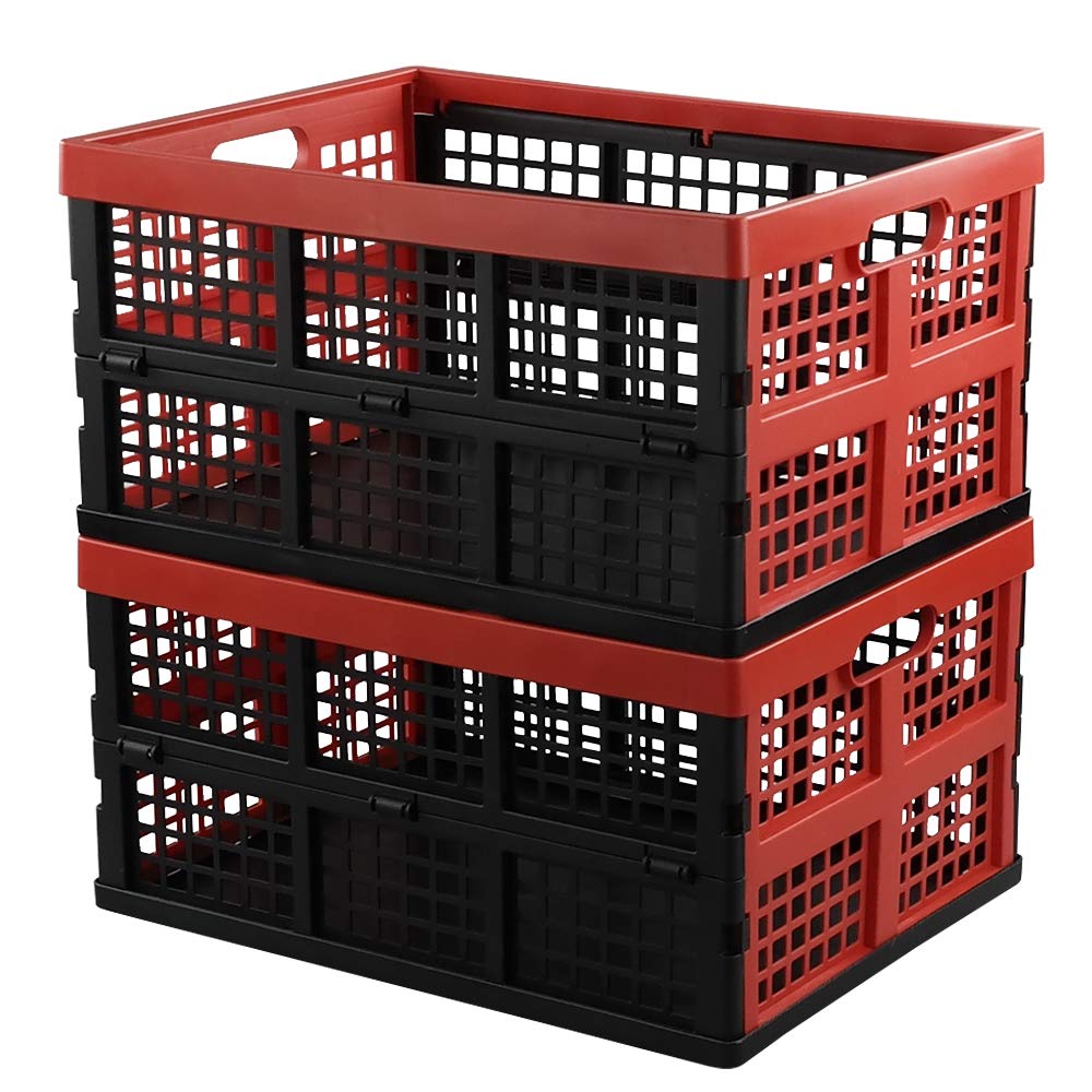 Hespapa 35L Folding Crates, Plastic Collapsible Storage Container Milk Crate Baskets(Red, 2 Packs)