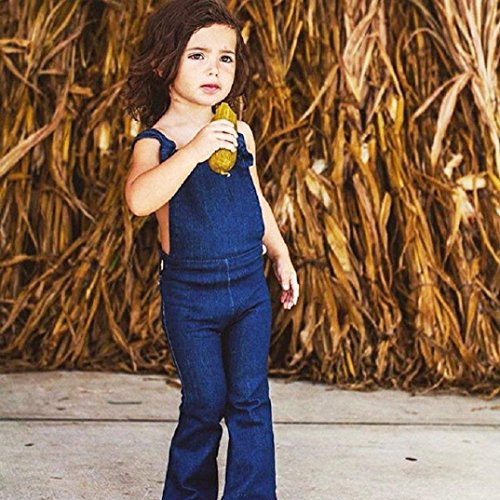 Minisoya Fashion Toddler Kids Baby Girl Backless Denim Jumpsuit Suspenders Overall Romper Bell-Bottom Flare Trousers (Blue, 5T)