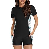 Tournesol Women's Rash Guard 2 Piece Short Sleeve Swim Shirt with Shorts Swimsuit with Bra Bathing Suit Plus Size with Pocket