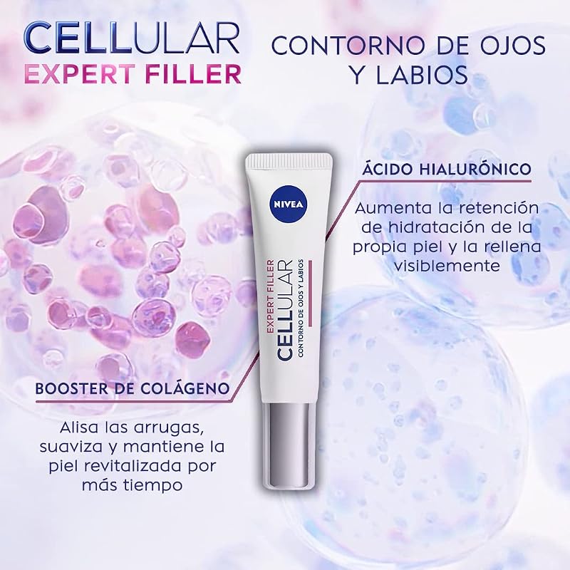 Cellular Expert Filler - Contorno de Ojos y Labios - Antiarrugas - Efecto Rellenador 24h - Con Ácido Hialurónico y Ácido Fólico - Crema Antiedad - Extra Firmeza - Todo Tipo de Pieles - 15 ml